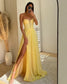 Vestidos de fiesta de gasa amarilla sin tirantes, corte A, abertura lateral, vestido de novia personalizado, sin mangas, largo hasta el suelo