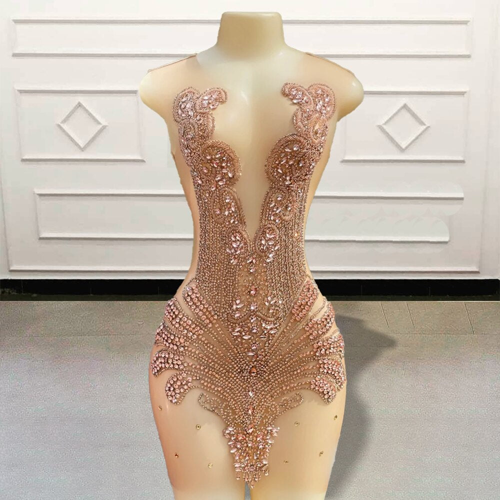 Vestidos de baile curtos e sensuais, transparentes, deslumbrantes, com contas de cristal e diamantes, pretos, para meninas, minivestido de coquetel para festa de aniversário, feito sob medida