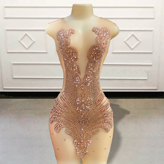 Sexy Sheer Short Prom Dresses Stunning Crystal Beaded Diamond Black Girls Mini Cocktail Gown for Birthday Party Custom Made