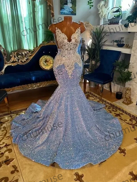Blue O Neck Long Prom Dresses For Black Girls Bead Crystal Appliques