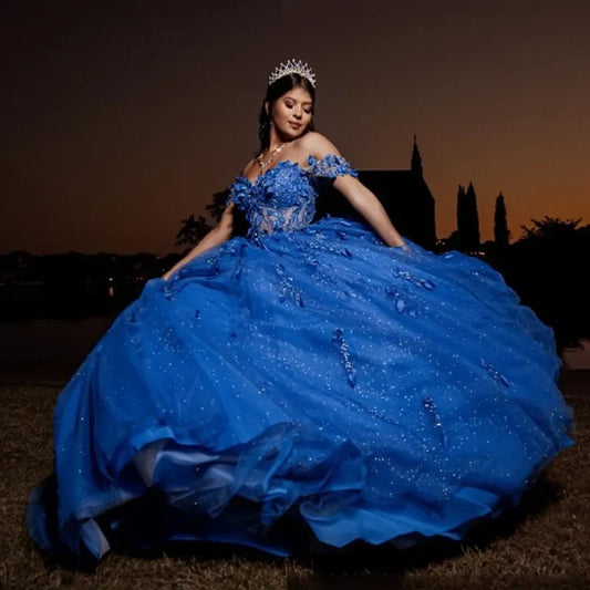 Vestidos de quinceanera azul royal brilhantes, ombro de fora, apliques de tule, vestido de baile, festa de aniversário, vestidos de baile personalizados e fofos