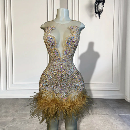 Impresionantes vestidos de fiesta cortos de malla transparente, sexys, transparentes, negros, con plumas de diamante brillantes y dorados, vestidos formales para mujer. 