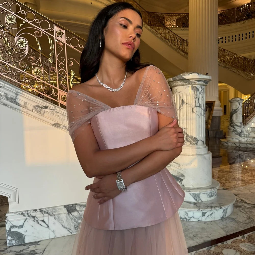 Customized Pink Sequins Mesh Fabric Satin robes de soirée Strapless Evening Dresses Sleeveless A-line Wedding Dress