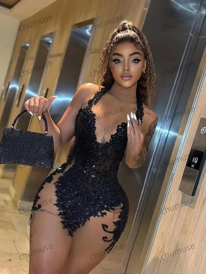 Customized Little Black Dress Sparkly Mini Evening Cocktail Dresse for Black Girl Luxury Gillter Applique Birthday Gala Gown
