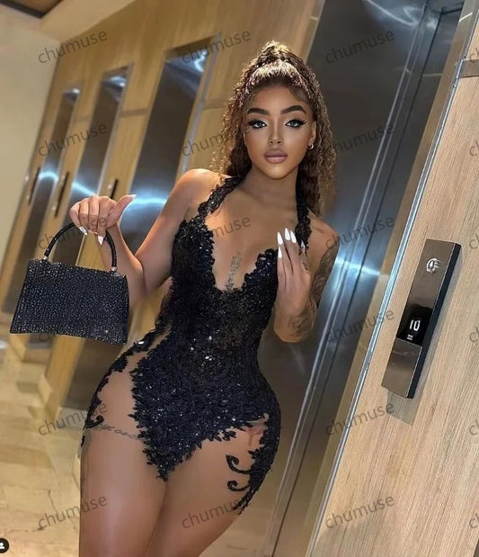 Customized Little Black Dress Sparkly Mini Evening Cocktail Dresse for Black Girl Luxury Gillter Applique Birthday Gala Gown