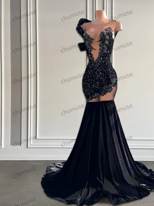 Vestidos de fiesta largos con brillantes diamantes para chicas negras, sexys, de malla transparente con lentejuelas, estilo sirena, para fiesta de graduación y cumpleaños, personalizados.
