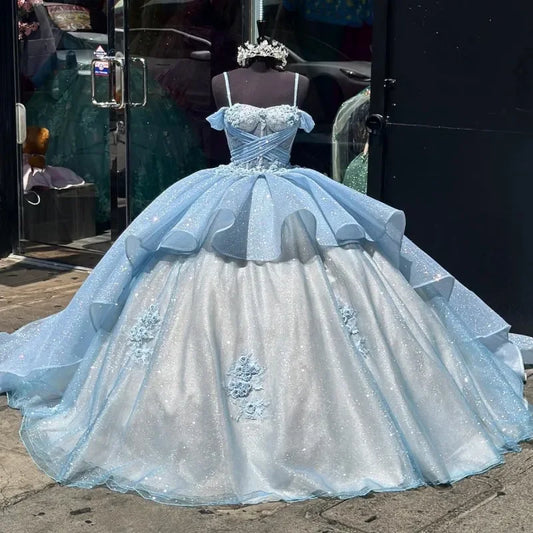 Vestido de quinceanera azul-celeste com apliques personalizados, lantejoulas, flores 3D, vestido de baile de princesa para 16 anos