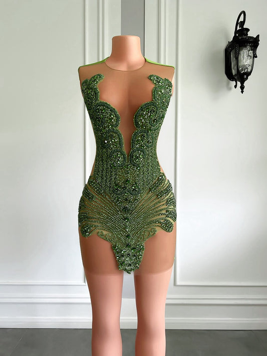 Nuevos vestidos de fiesta de cumpleaños sexys transparentes para mujer, vestidos formales de lujo con brillantes en verde oliva y diamantes negros, vestidos de graduación cortos para niñas. 