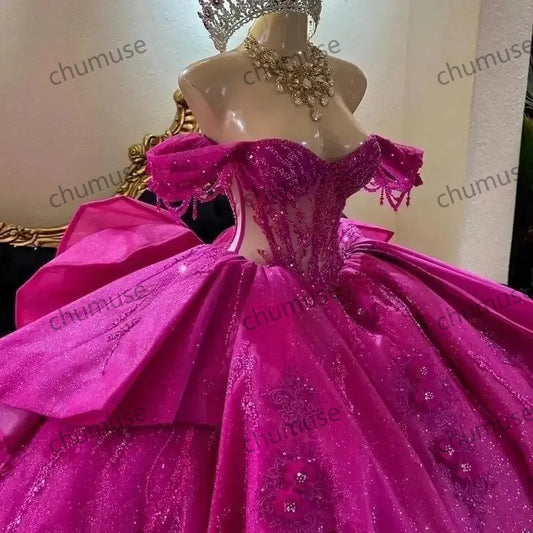 Fuchsia Tassel Princess Quinceanera Dresses Beaded Appliques Princess Dresses