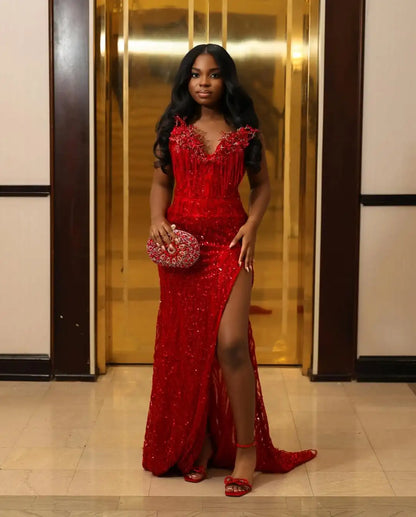 Design Fashion Sexy V Neck Glittering Sequins Evening Dress High Slit Luxury Beading Tassel Crystal Prom Dress Formal Party Gown