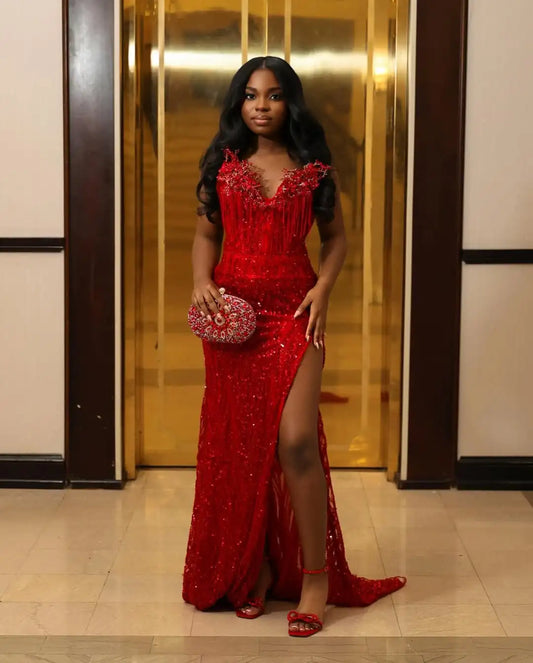 Design Fashion Sexy V Neck Glittering Sequins Evening Dress High Slit Luxury Beading Tassel Crystal Prom Dress Formal Party Gown