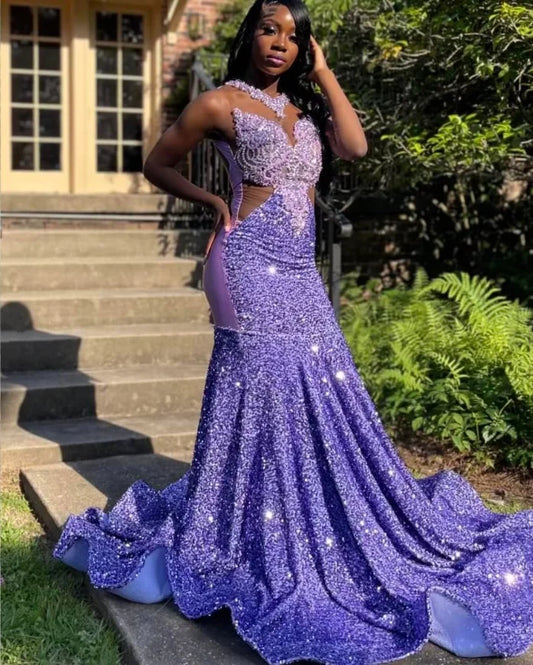 Customized Lilac Purple Luxury Cocktail Dresses African Girls Beaded Glitter Embellished Prom Dresses New Style Gowns Dresses