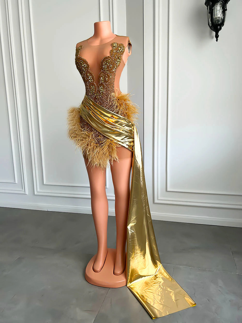 Vestidos de cóctel formales de lujo con diamantes dorados y transparentes, negros, cortos y con plumas para niñas, para fiesta de graduación y cumpleaños. 