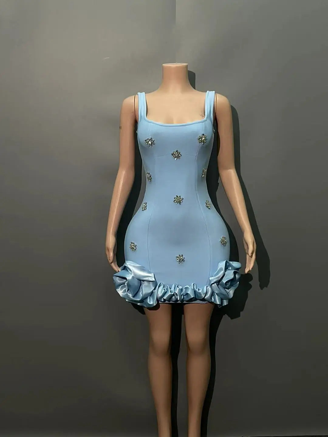 Women New Summer Bandage Dress Tank Square Collar Diamonds Appliques Bodycon Mini High Street Evening Club Party Dress