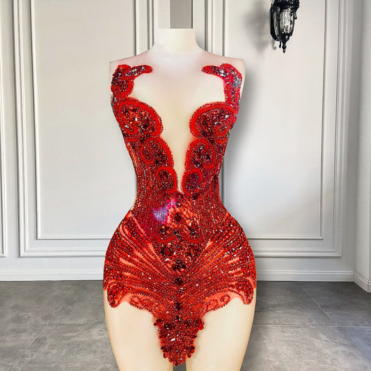 Vestidos de fiesta de cóctel de lujo transparentes para mujer, vestidos de fiesta de cumpleaños con escote redondo transparente y brillantes diamantes negros para niña, vestidos de fiesta cortos rojos para niña 
