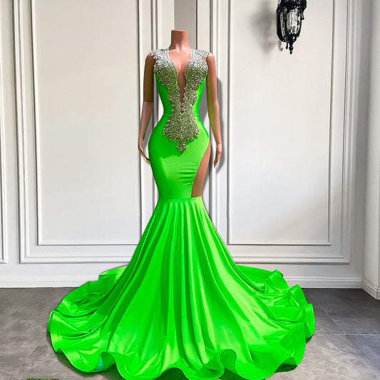 Vestidos de fiesta largos estilo sirena, transparentes, con escote redondo, ajustados, brillantes, plateados, con diamantes, negros, para niña, vestidos formales de gala para graduación y gala. 