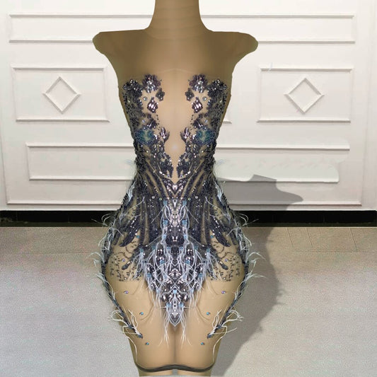 Vestidos de fiesta cortos transparentes y sexys de color negro con lentejuelas brillantes y plumas para mujer, minivestidos de cóctel personalizados para fiesta de cumpleaños. 