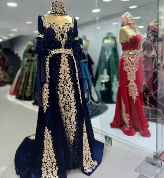Traditional Morocco Navy Blue Evening Dresses For Women Velvet Caftan Prom Gowns Customized Algerian Wedding Party Dress