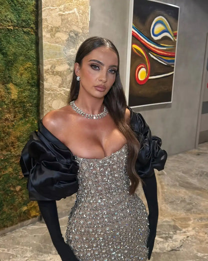 Luxury Sparkly Sexy Black Girl Prom Dresses 2025 Long Sleeves Strapless Beaded Diamonds Mermaid Women Evening Dress Customized