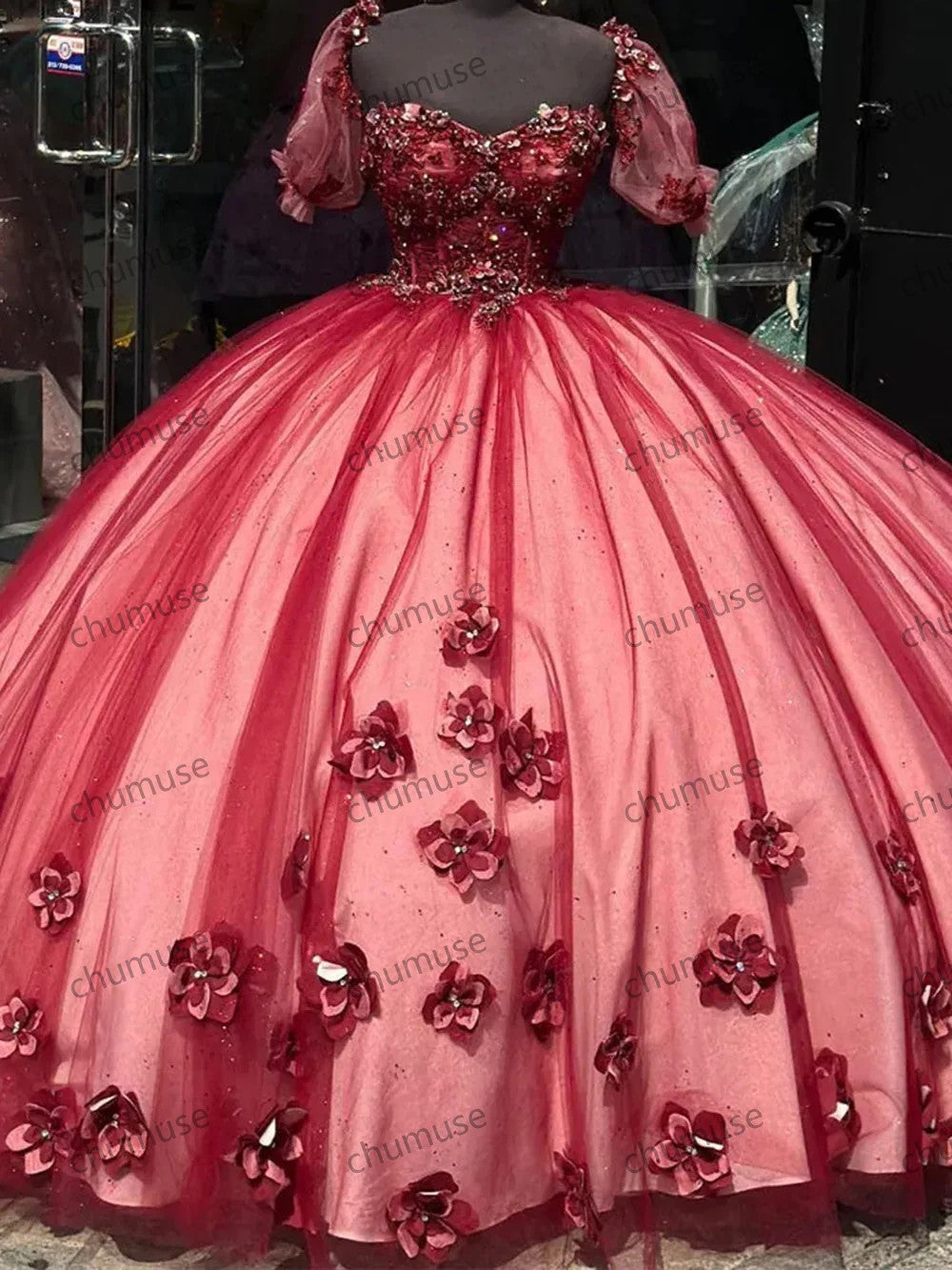 Burgundy Sweetheart Quinceanera Dresses 3D Flower Appliques Tulle Princess Ball Gown
