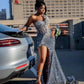 Giltter Gray Mermaid Prom Dresses Sequins Rhinestone Slit Gala Cocktail Party Dress Vestidos De Fiesta Customized