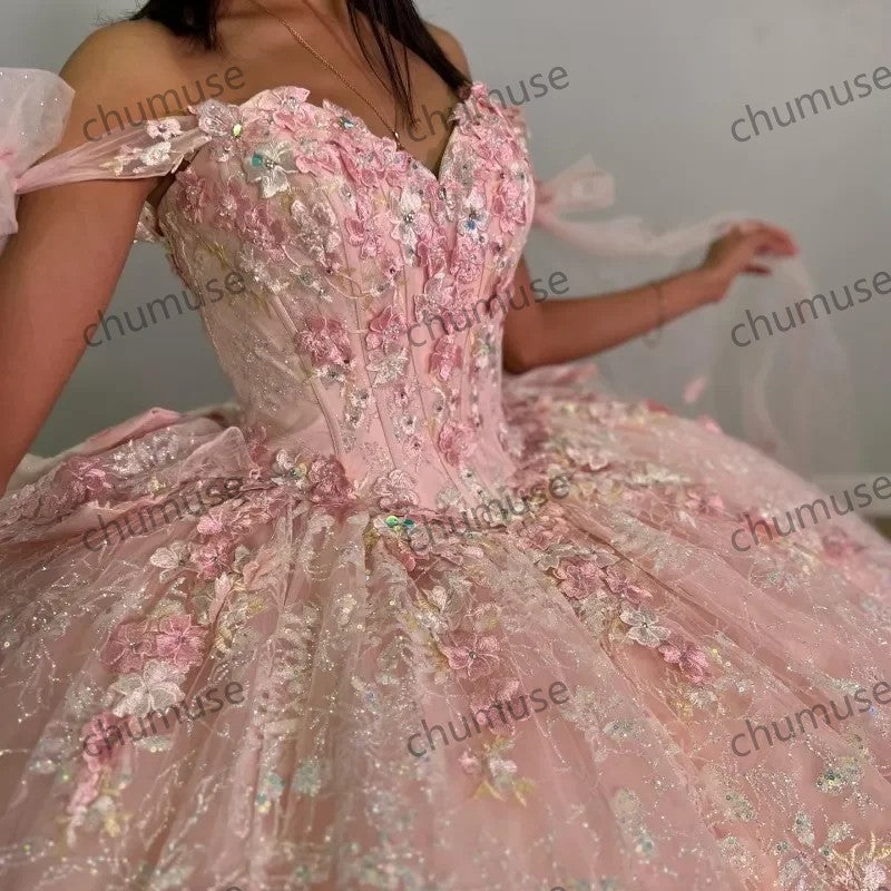Pink Crystal Appliques 3D Flower Quinceanera Dresses Ball Gown