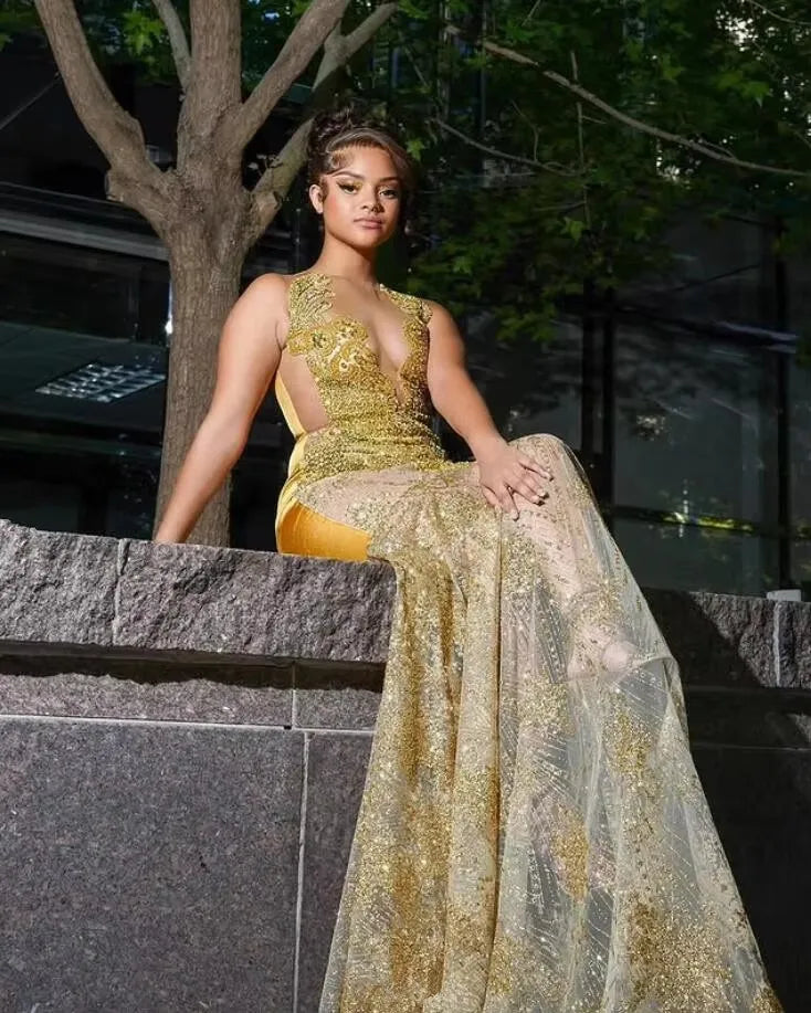 Gold Sparkly Mermaid Long Prom Formal Dresses 2025 Luxury Diamond Gillter Sheer Customsized Prom Birthday Gown