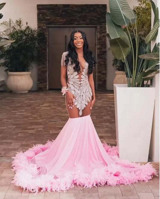 Vestido de noche formal de sirena largo rosa brillante con plumas de diamante de lujo, malla transparente, personalizado, para graduación, cumpleaños y gala.