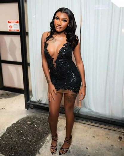 Vestido preto curto com lantejoulas e apliques de renda, mini vestido de baile 2025, vestidos de festa para formatura, roupa de aniversário personalizada