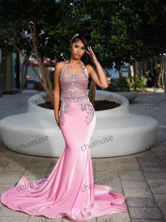 Vestido de fiesta de sirena rosa con cuentas y diamantes de imitación para cumpleaños, para niñas negras 