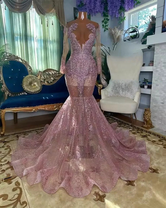 Lilac Crystal Beading Prom Dresses Mermaid Long Sleeves Birthday Dresses Black Girls 2025 Cocktail Gown Customized
