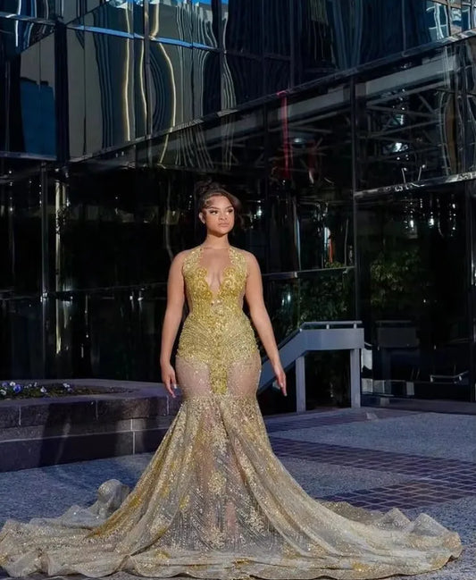 Vestidos longos de baile de sereia brilhantes dourados 2025, luxuosos, diamantes, transparentes, personalizados, para baile de aniversário