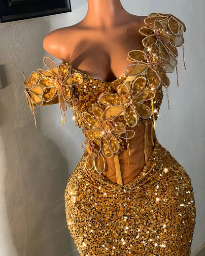 Saudi Arabia Luxury Gold Corset Sequins Evening Dresses 3D Flowers Beading One Shoulder Mermaid Sparkling Crystal Fishbone Gown
