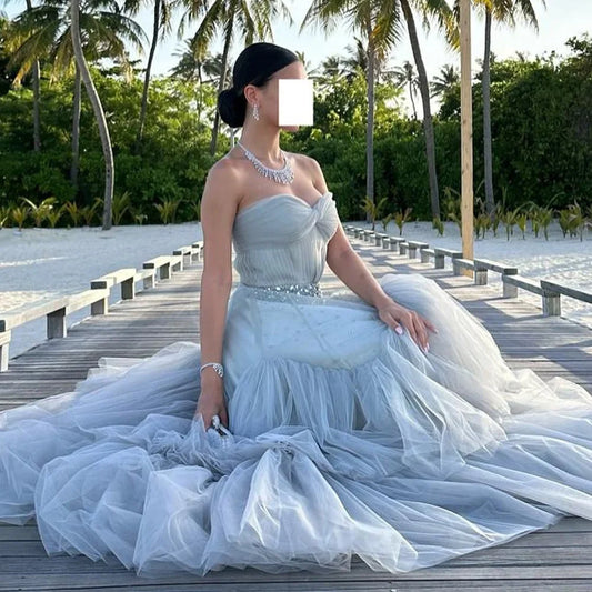 Customized Saudi Arabia Evening Dress Exquisite Tiered Tulle Sparkly Crystal Party Gowns Sweep Train Zipper Back Prom Dresses