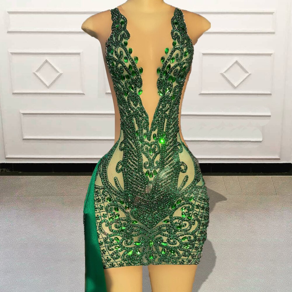 Vestidos de fiesta cortos de lujo para chicas negras con cuentas y diamantes verdes, sexys y transparentes, para fiesta de cumpleaños, minivestidos de cóctel para mujer 
