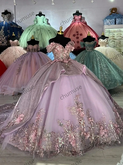 Lavender Sparkly Princess Off Shoulder Quinceanera Dresses Sweetheart Lace Applique Beads Sweet 16 Ball Gown