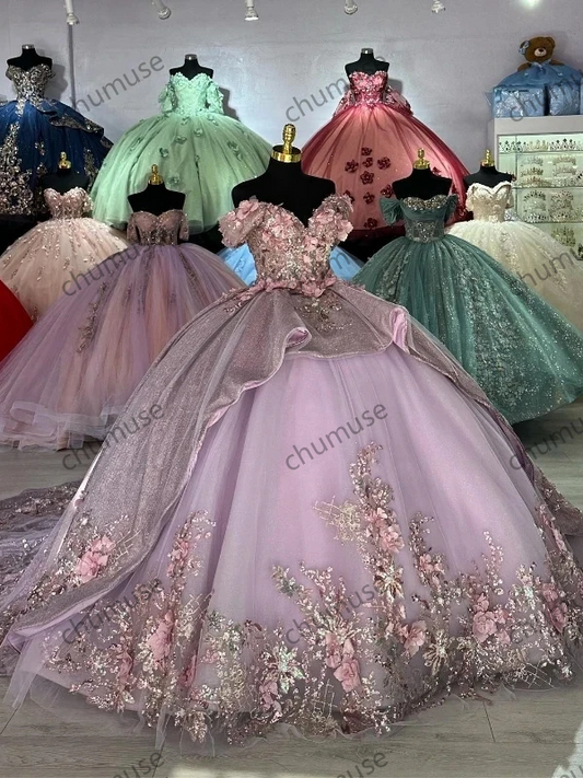 Vestido de quinceanera lavanda brilhante princesa ombro a ombro com apliques de renda e contas para baile de 16 anos