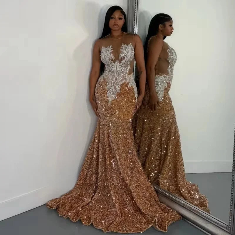 Silver Gray Prom Dresses Luxury Black Girls 2025 Crystal Sheer Neck Sequin Mermaid Party Dress African Evening Gowns Customized