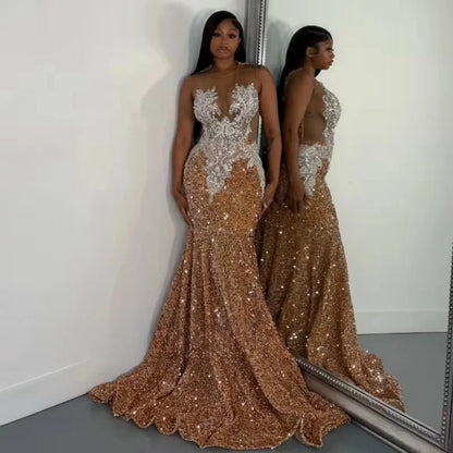 Silver Gray Prom Dresses Luxury Black Girls 2025 Crystal Sheer Neck Sequin Mermaid Party Dress African Evening Gowns Customized