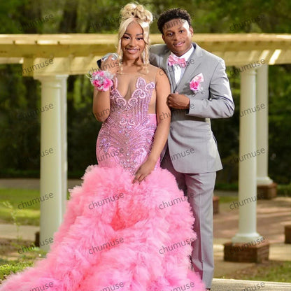 Pink V-Neck Paillette Layered Tulle Draped Pleat Crystal Open Back Prom Dress