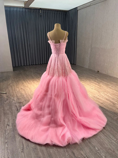 Pink A-line Spaghetti Straps Evening Dresses Woman Elegant Saudi Arabia Wedding Guest Dress
