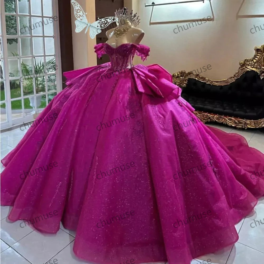 Fuchsia Tassel Princess Quinceanera Dresses Beaded Appliques Princess Dresses