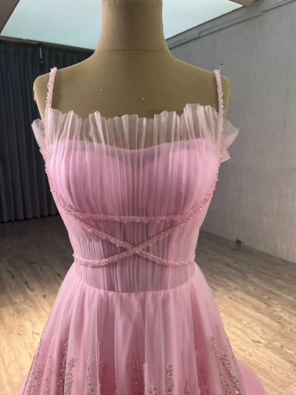 Pink A-line Spaghetti Straps Evening Dresses Woman Elegant Saudi Arabia Wedding Guest Dress