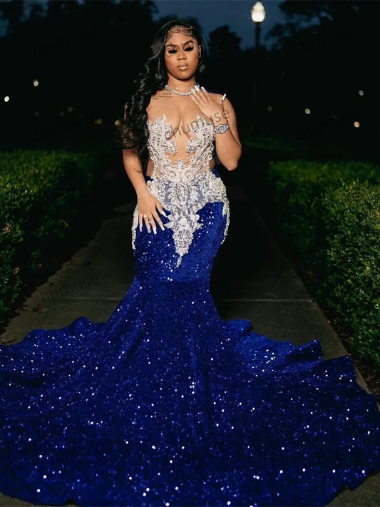 Vestidos de fiesta de sirena con lentejuelas azul real y cuello transparente, talla grande, para ocasiones formales de noche 