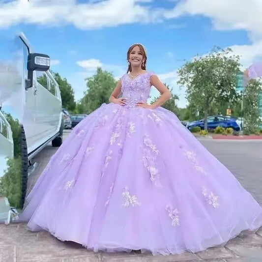 Vestidos de quinceanera lilás com decote em V, vestidos de 15 anos, vestido de baile, apliques da moda, flores 3D, princesa, festa personalizada