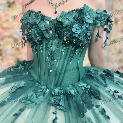 Green Off The Shoulder Quinceanera Dresses Tulle 3D Flower Beading Pageant Birthday