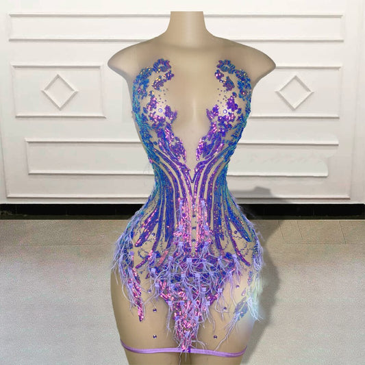 Vestidos de fiesta cortos y sexys con transparencias para chicas negras, con plumas y lentejuelas brillantes, para mujer, minivestidos de cóctel morados para fiesta de cumpleaños. 