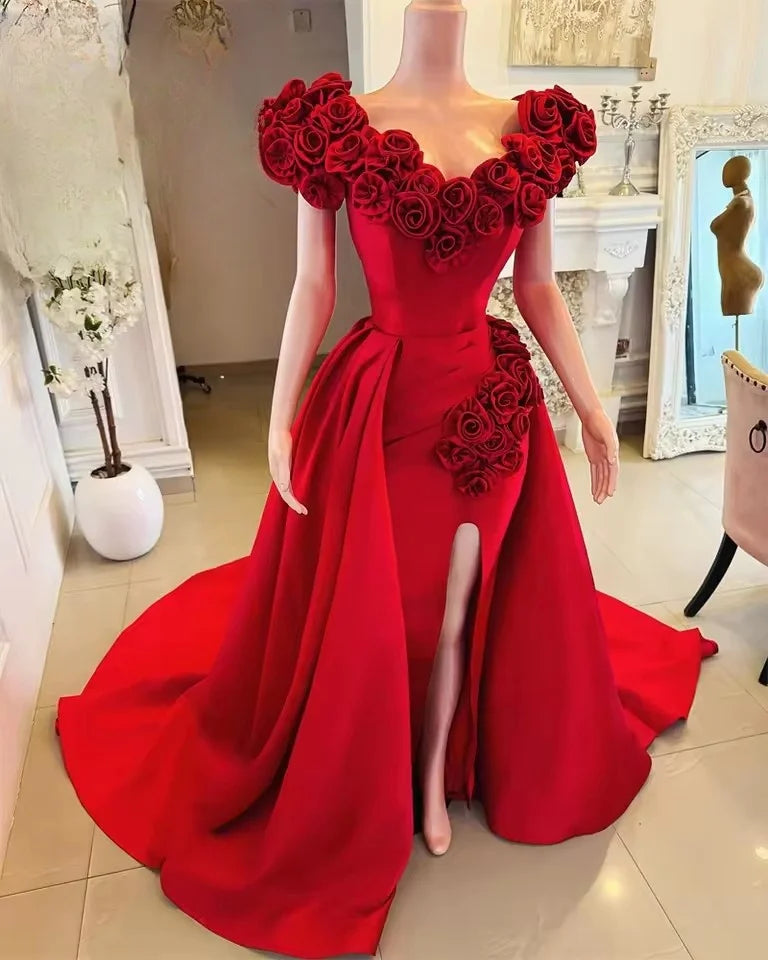 Red Satin Formal Evening Gown 2025 Beaded Crystal Appliques Birthday Party Dress Ruffles Sequin Long Prom Dresses Customized