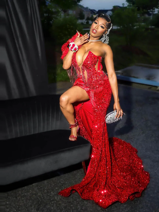 Vestido de fiesta de sirena con lentejuelas y escote sexy, plumas, borlas y cordones en la espalda, vestido de noche de sirena Aso Ebi, vestido formal de fiesta