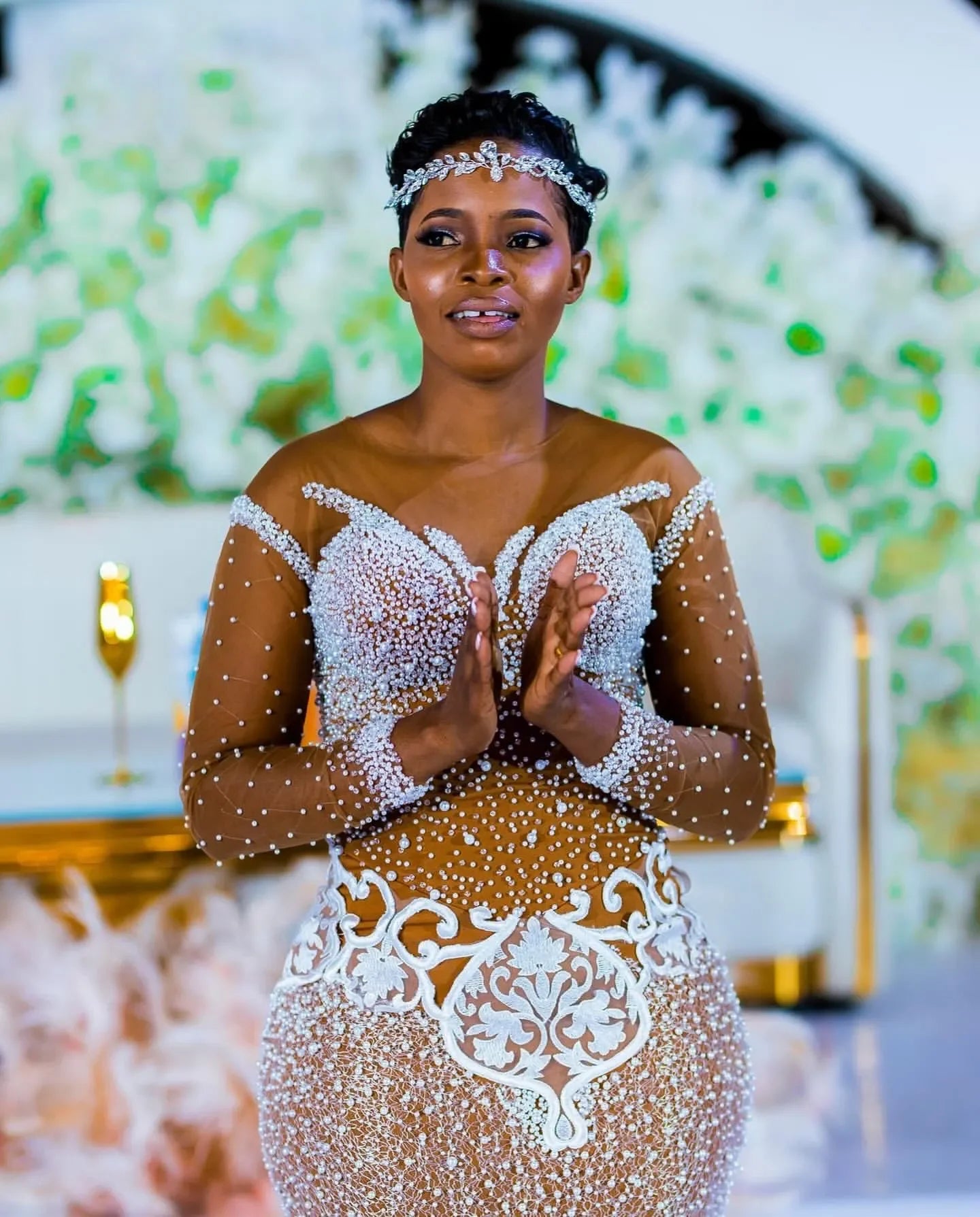 Aso Ebi Plus Size Gold Mermaid Wedding Dresses Lacefull Full Sleeves Lace Crystals Bridal Gowns Dress Vestidos De Novia